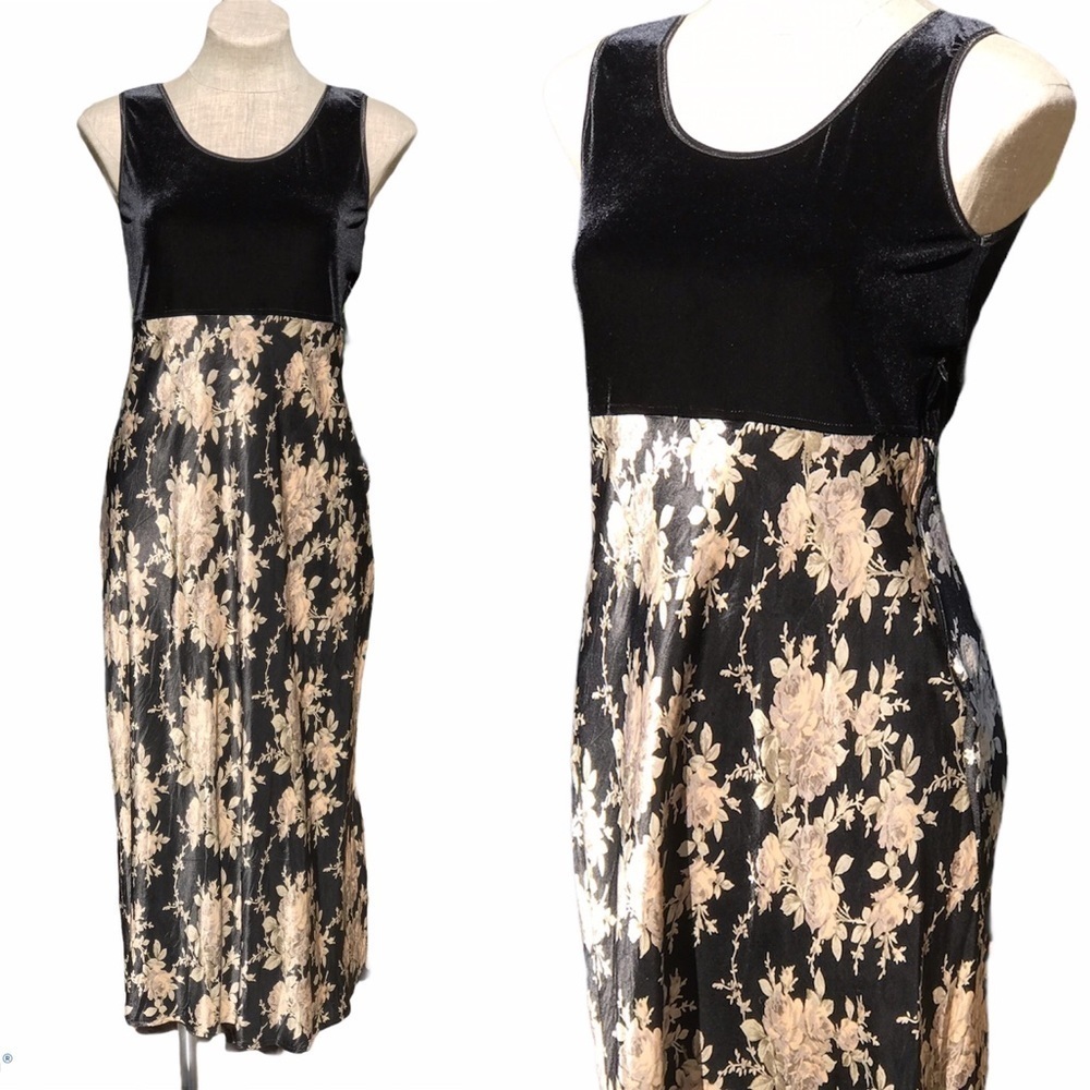 Vintage Satin Maxi Dress Black Velvet Floral Satin Small 1990s